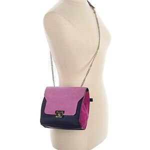 Braintropy Patty Toy handbag. Lavender, fuchsia and navy crossbody with chain.
